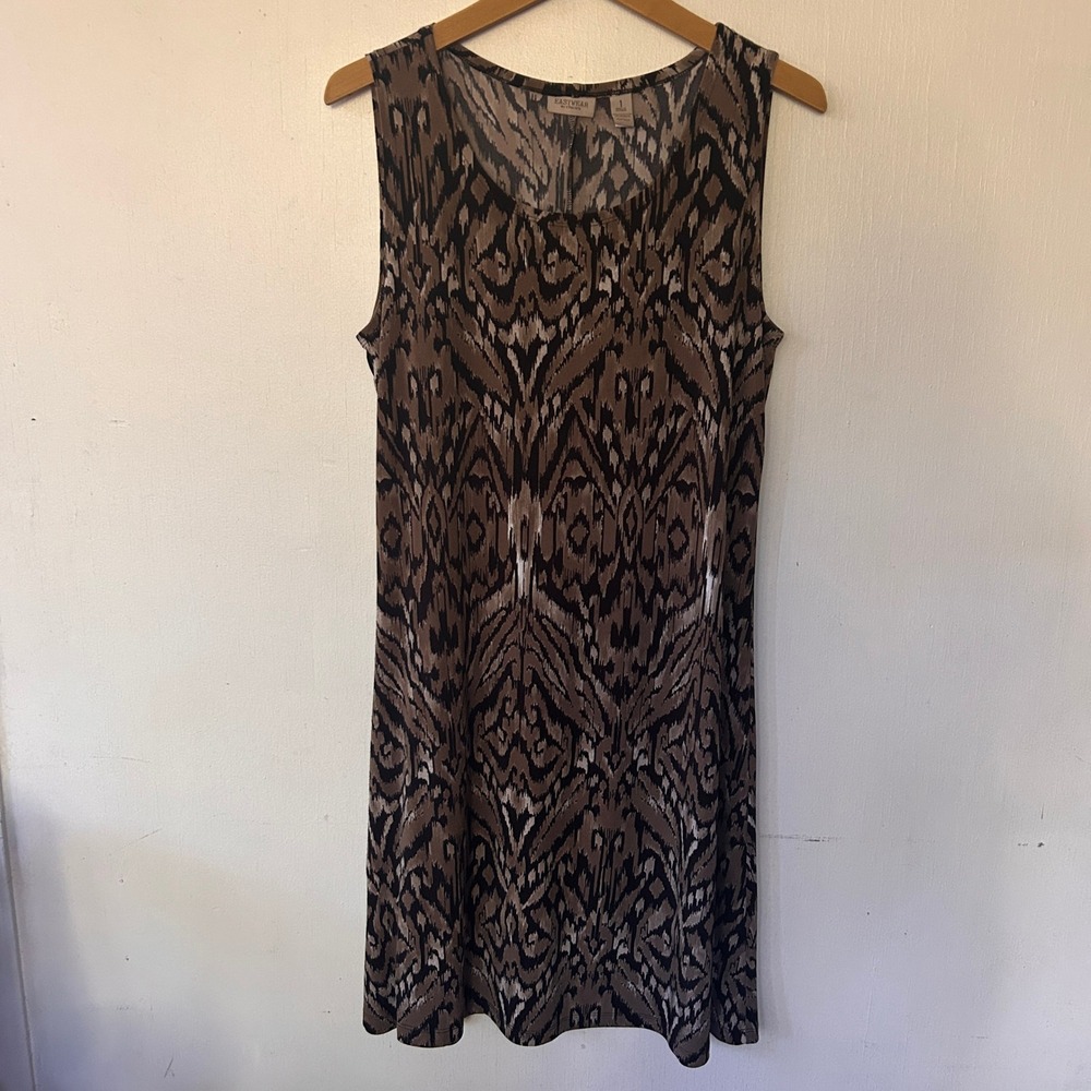 Easywear by Chicos Slinky Knit Dress Womens M Brown Ikat Sleeveless Travel Boho